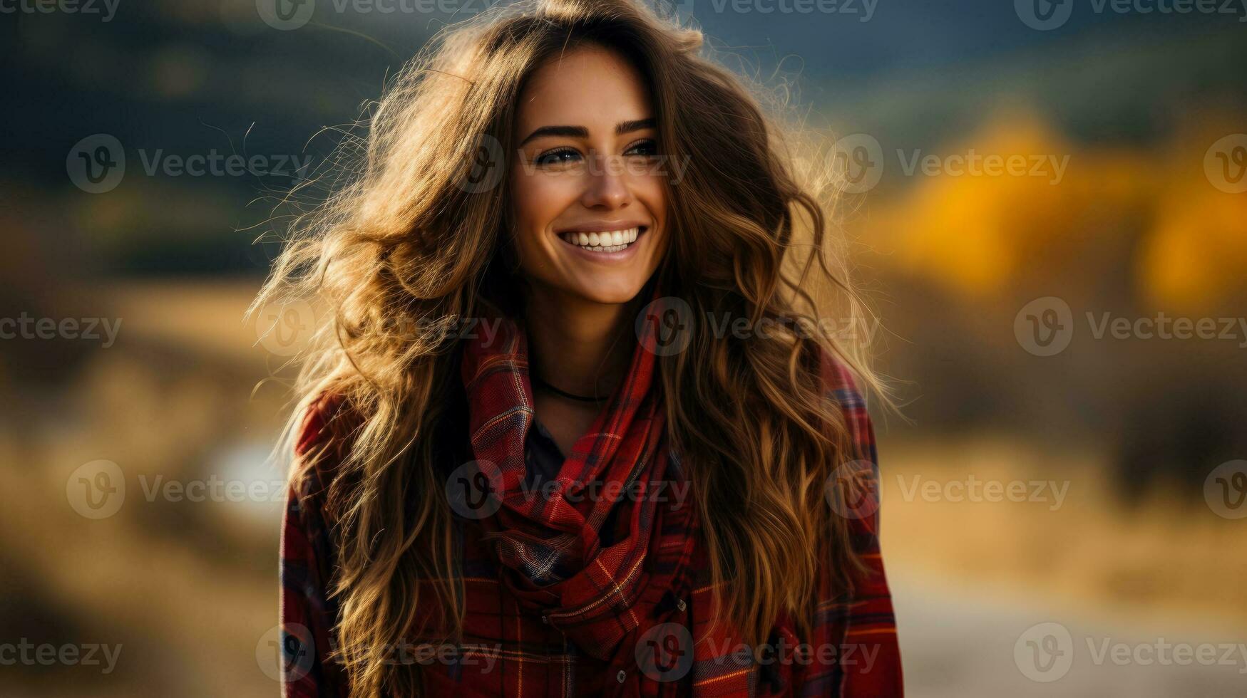 A cozy plaid scarf wrapped around a smiling model capturing the warmth and style of fall fashion photo