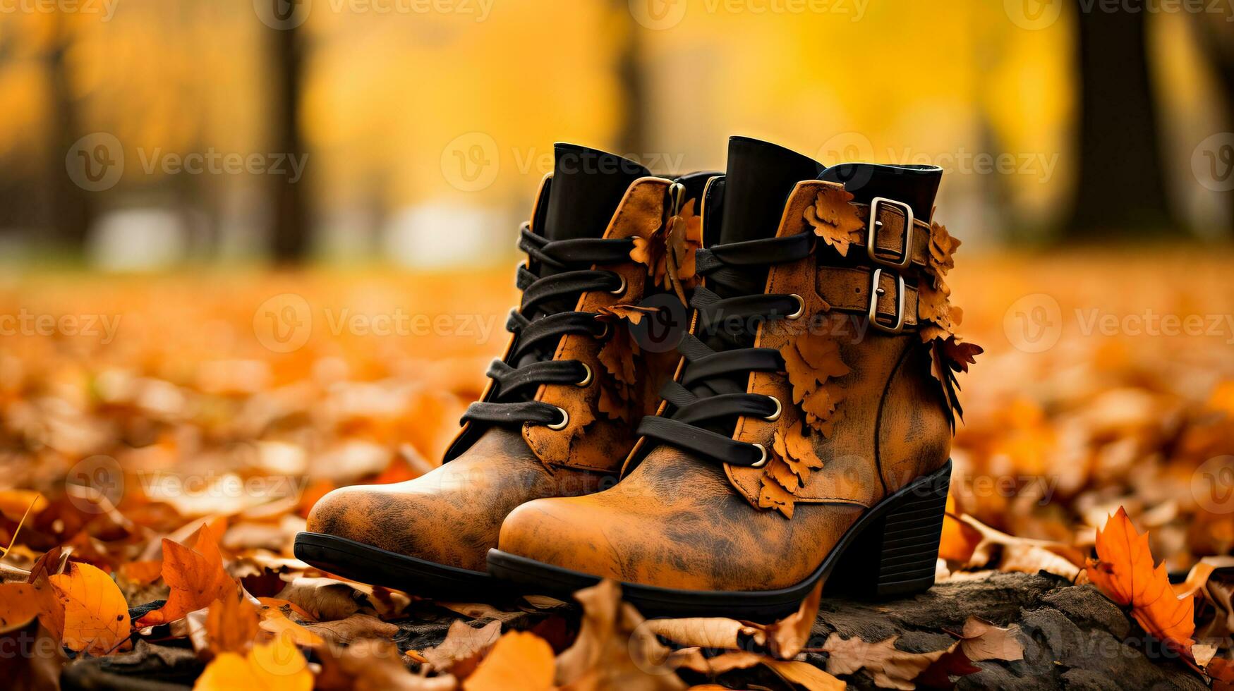 A rustic pair of ankle boots surrounded by fallen leaves capturing the essence of autumn fashion trends photo