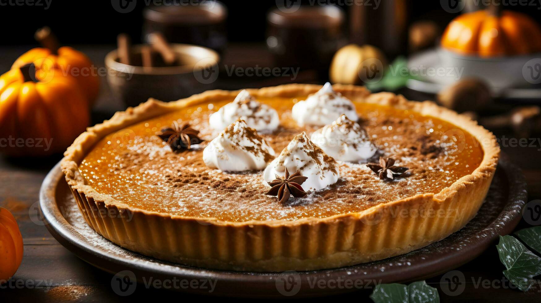 A close-up of a freshly baked pumpkin pie perfectly golden and sprinkled with cinnamon destined for a Thanksgiving feast photo