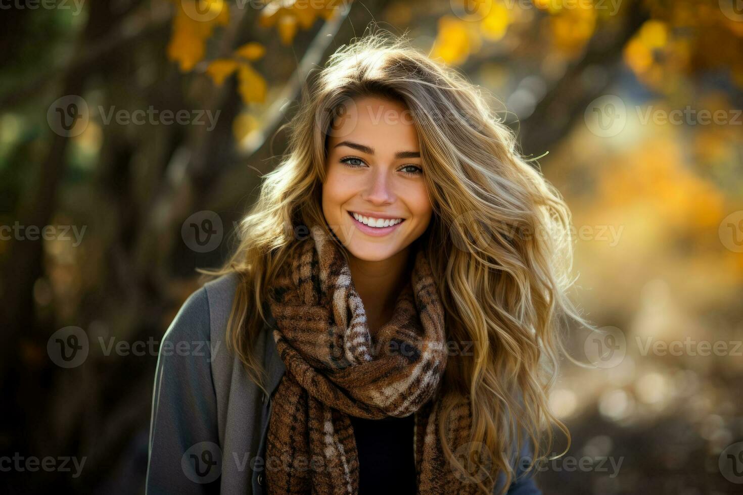 A cozy plaid scarf wrapped around a smiling model capturing the warmth and style of fall fashion photo