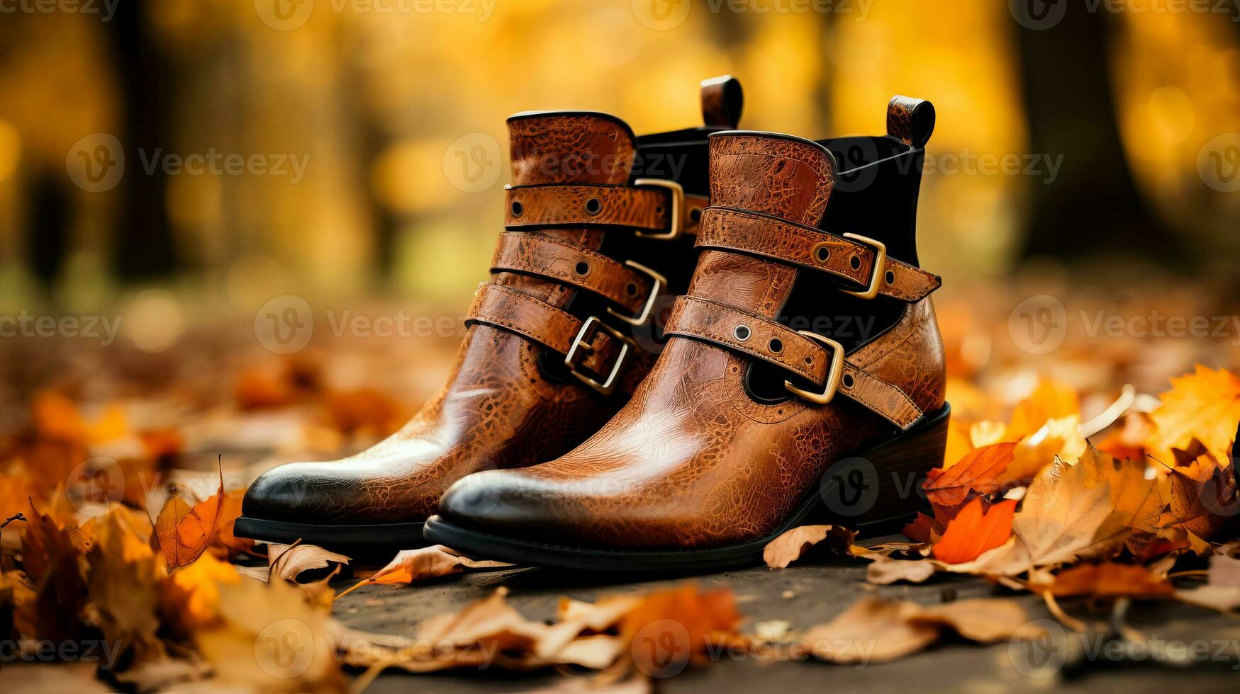 A rustic pair of ankle boots surrounded by fallen leaves capturing the essence of autumn fashion trends photo