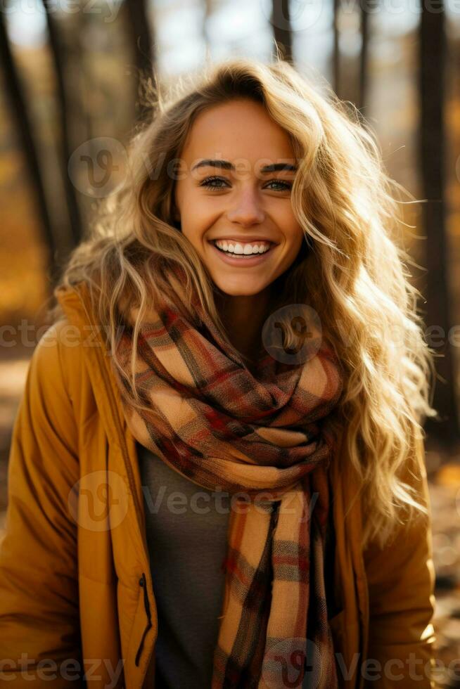 A cozy plaid scarf wrapped around a smiling model capturing the warmth and style of fall fashion photo