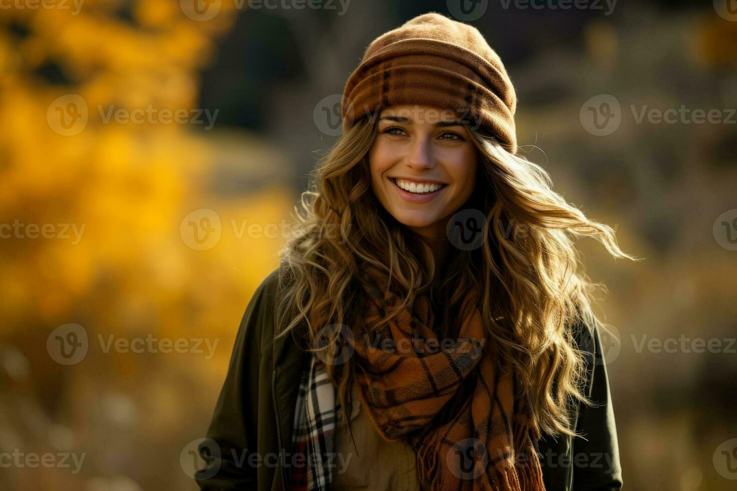 un acogedor tartán bufanda envuelto alrededor un sonriente modelo capturar el calor y estilo de otoño Moda foto