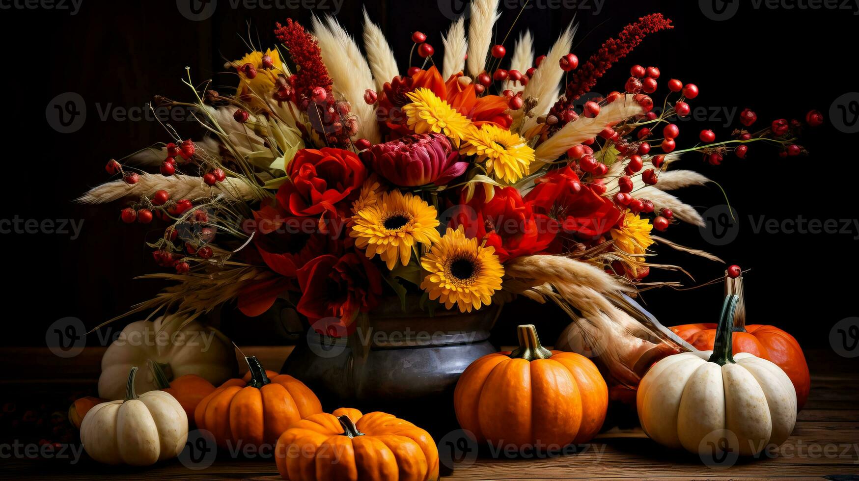 un rústico calabaza arreglo exhibiendo el vibrante colores y abundante cosecha de un rural otoño festival foto