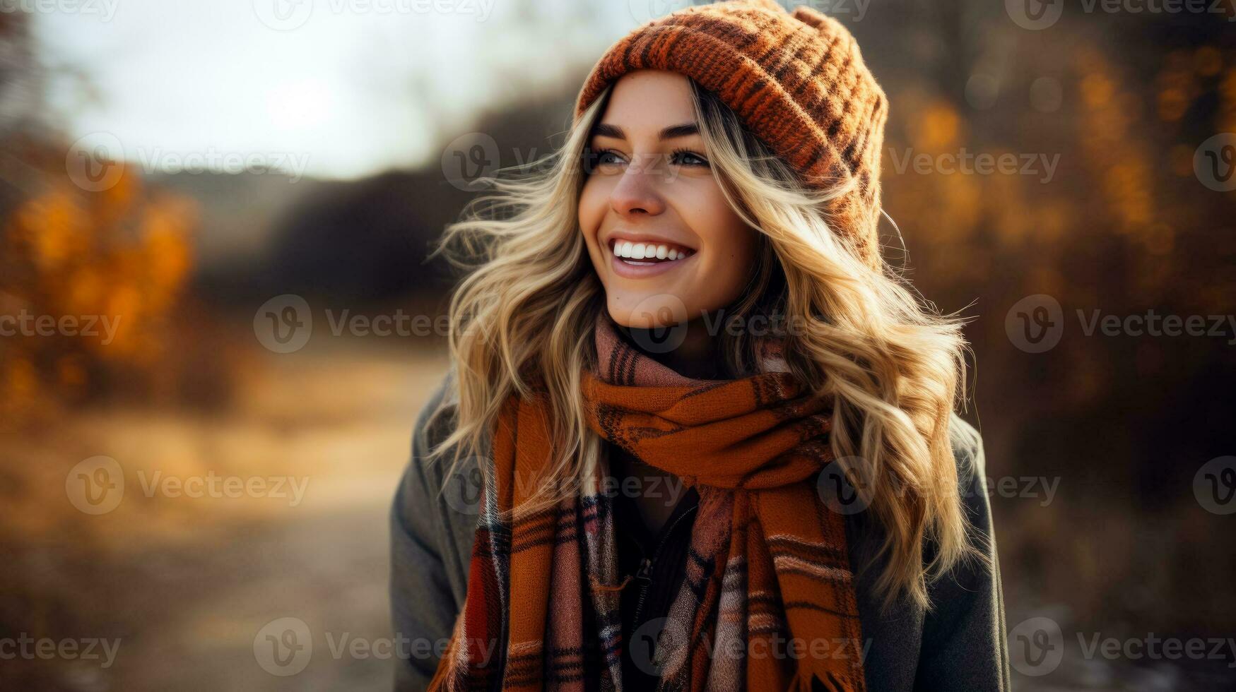 A cozy plaid scarf wrapped around a smiling model capturing the warmth and style of fall fashion photo