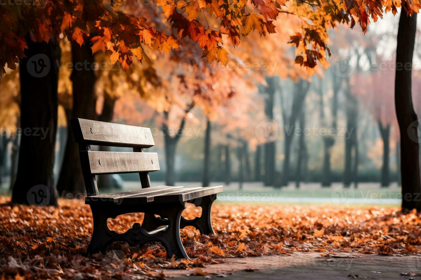 A cozy park scene with fallen leaves and a rustic bench background with empty space for text photo