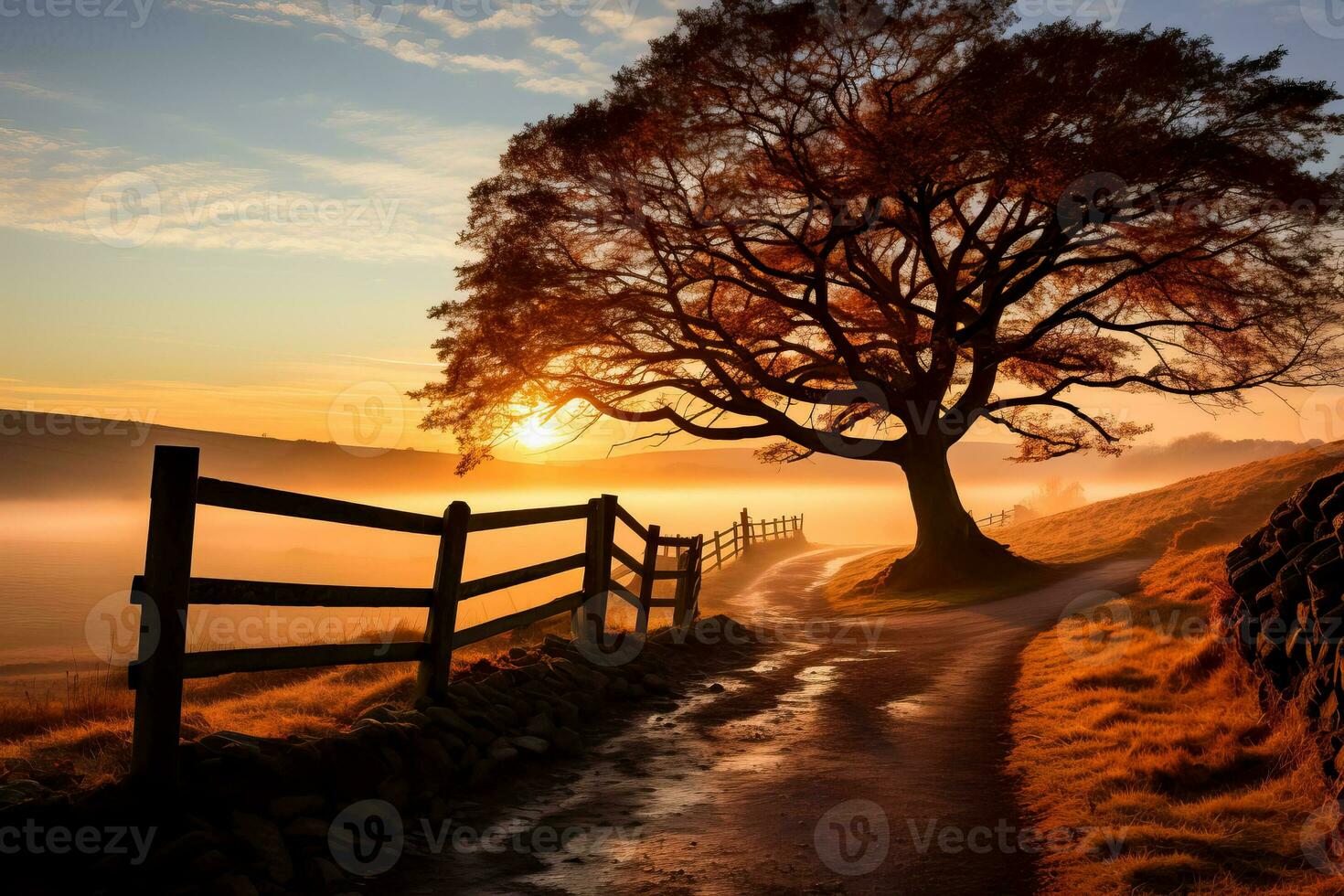 A serene countryside scene greets the dawn as fog envelops a picturesque November landscape whispering secrets of natures tranquility photo
