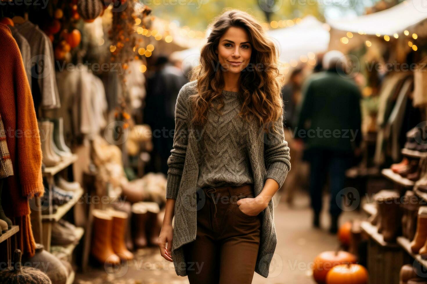 un elegante mujer vistiendo un acogedor suéter y de moda botas explorador un pintoresco otoño mercado lleno con local Produce y hecho a mano artesanía foto