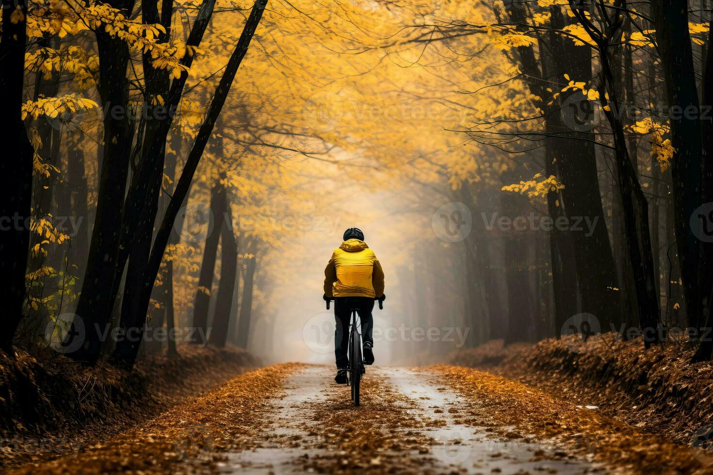 As the golden leaves fall a solitary cyclist navigates the misty streets capturing the melancholic allure of late autumn photo