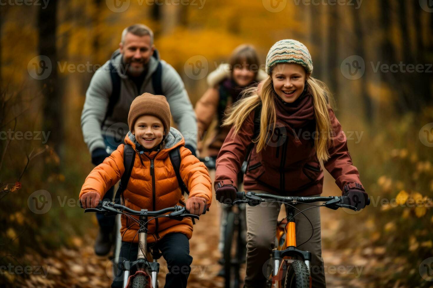 un contento familia toma un sin prisa bicicleta paseo mediante un pintoresco bosque disfrutando el vibrante otoño follaje foto