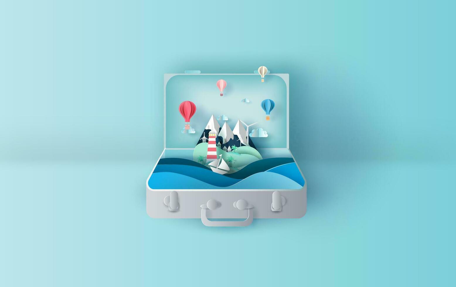 Illustration of travel in holiday vacation summer season suitcase concept.Graphic design for paper cut,craft style.summertime idea pastel color background.Sea view landscape Island relaxation. Vector