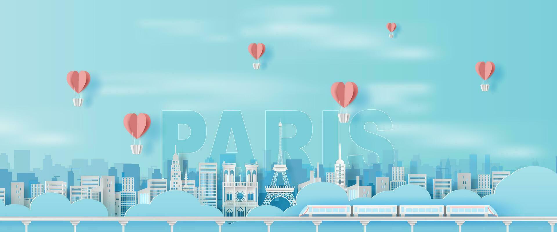 Paper art and craft of Traveling holiday Eiffel tower Paris city France,Travel holiday time transportation train landmarks city pastel color landscape concept, Balloon giftbox Float on air sky.vector. vector