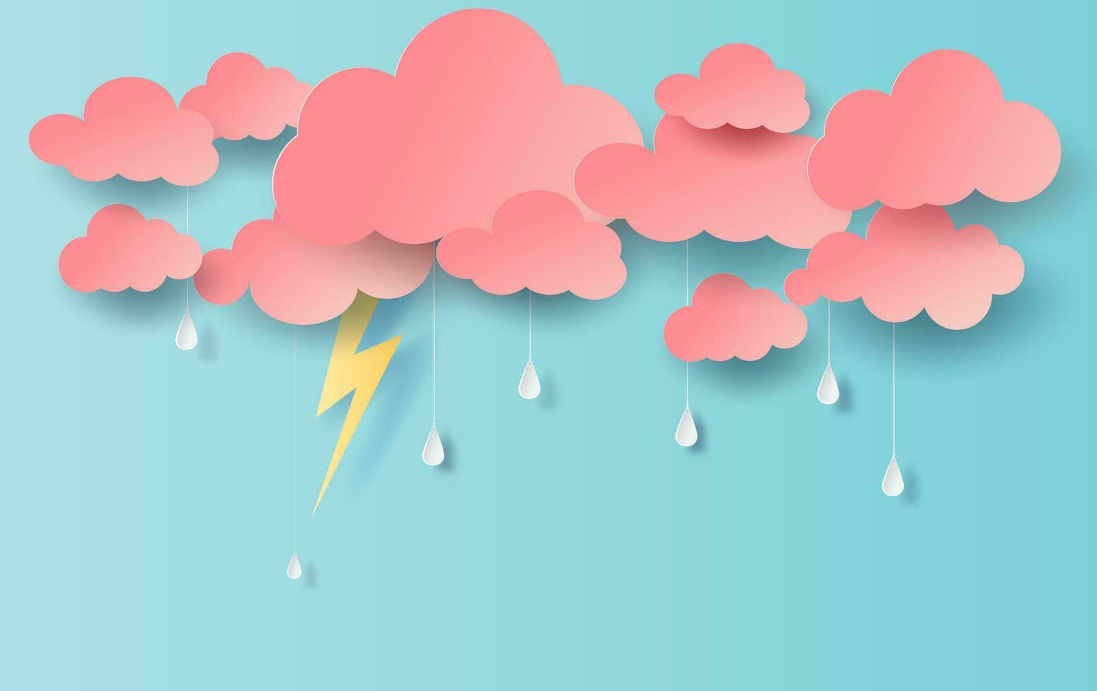 Paper art and craft style of black Cloud and Lightning rainy season on dark background.Thunder storm effects  flash shape outdoors.vector.illustration vector