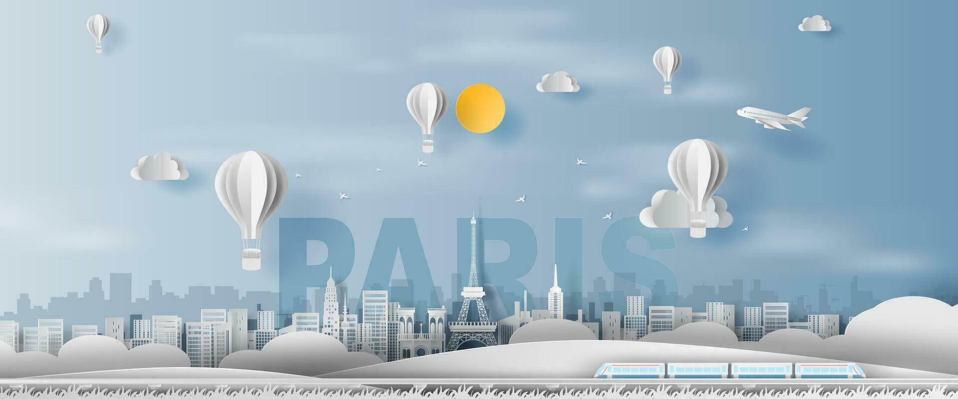 Paper craft and cut of Traveling holiday Eiffel tower Paris city France,Travel holiday time transportation train landmarks landscape concept,Creative paper art white balloon.illustration.vector. vector
