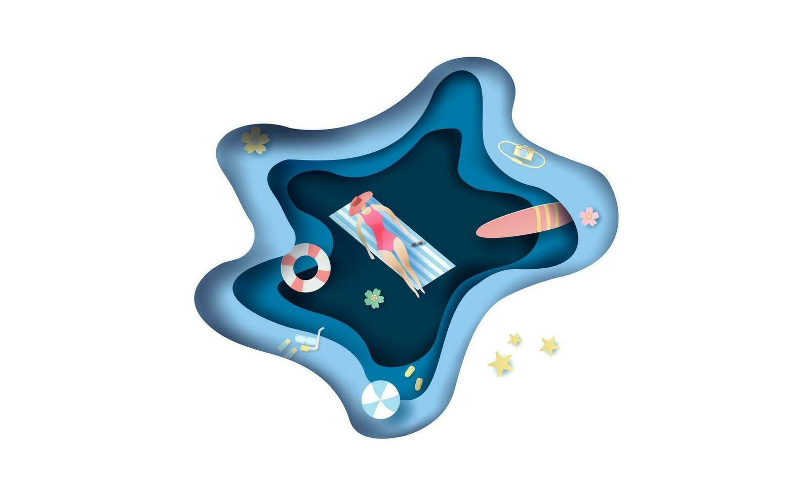 3D illustration of top view women in  summer beach with abstract curve wave layer blue background.Paper craft summertime top view concept.Creative paper cut design summer season for background.vector vector