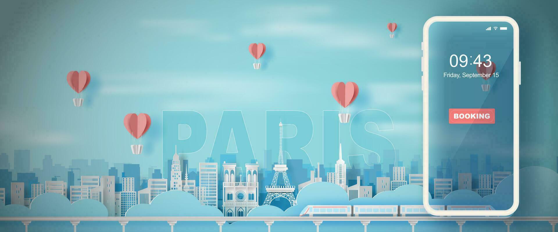 papel Arte y arte de de viaje fiesta eiffel torre París ciudad francia,viajar fiesta hora transporte tren puntos de referencia ciudad pastel color paisaje concepto, globo corazón flotador en aire cielo.vector. vector