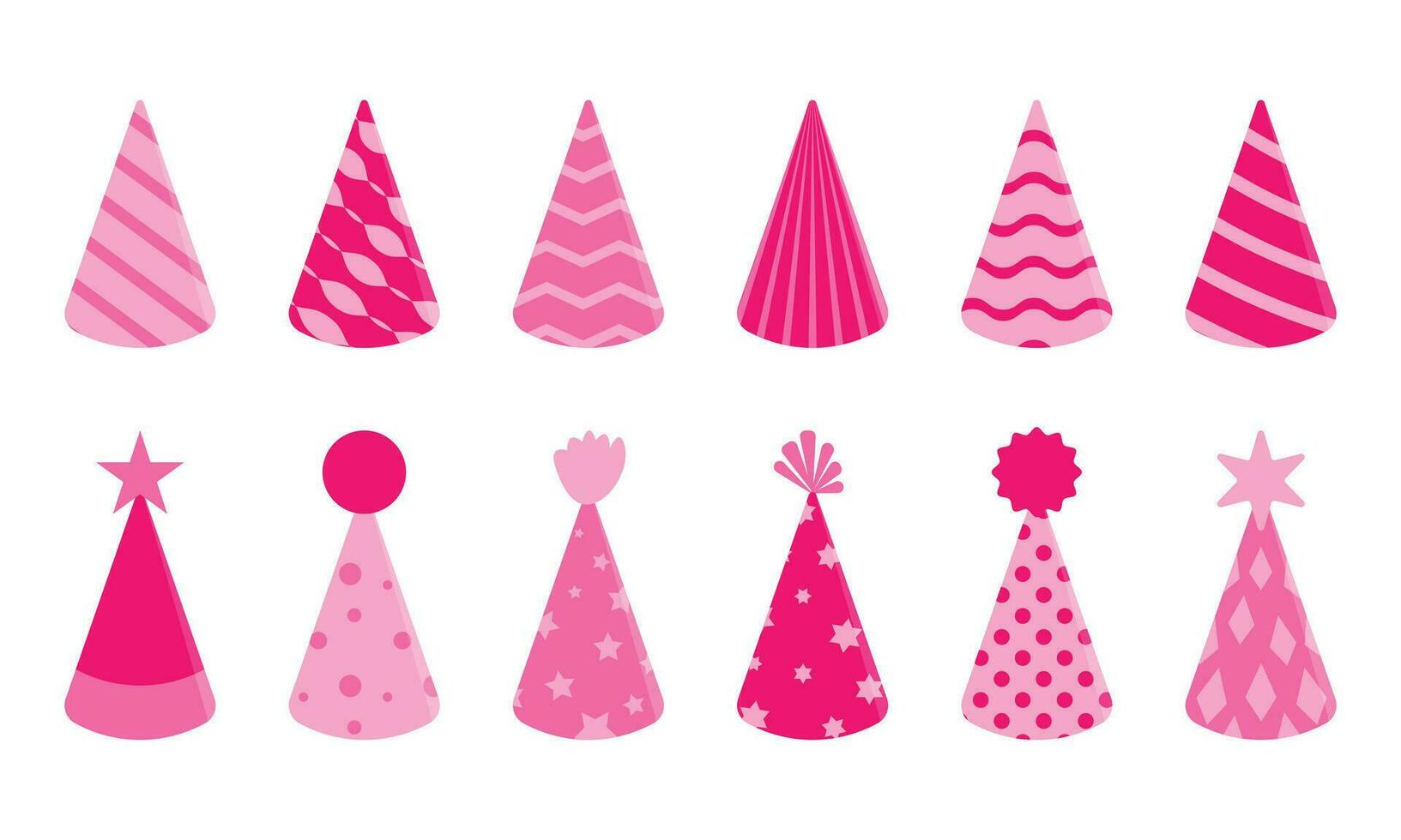 Birthday party hats set, pink color different shapes. Vector illustration on white background