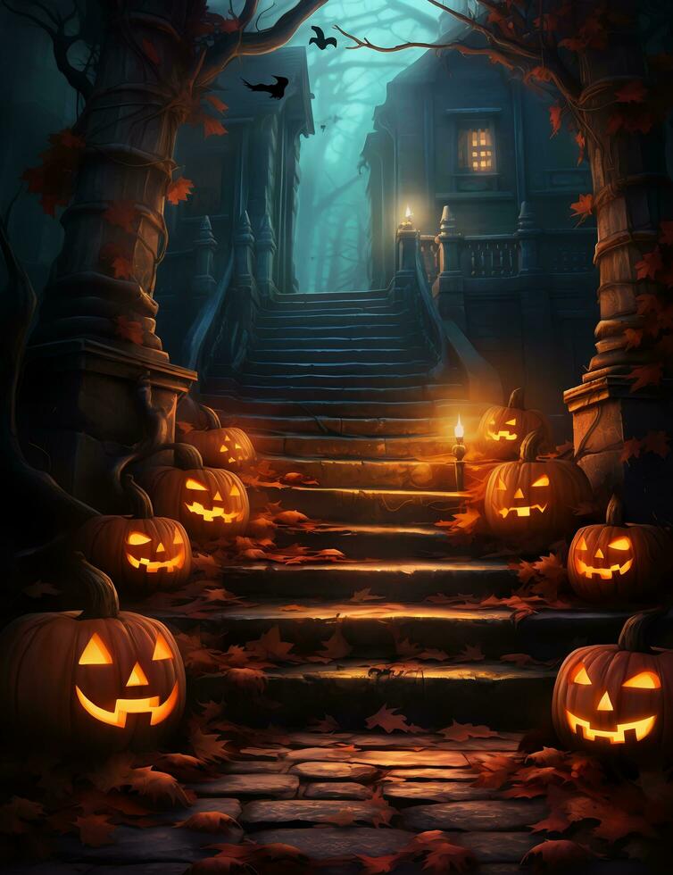 Spooky Halloween illustration, with a creepy house and pumpkins on the steps. photo