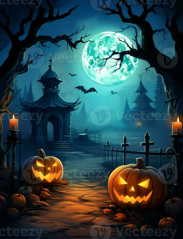 Spooky Halloween illustration, with a creepy house and pumpkins on the steps. photo