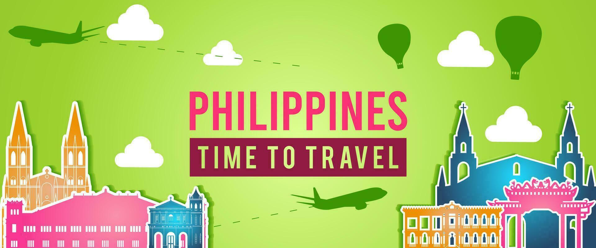 green banner of phillipines famous  silhouette colorful style,plane and balloon fly around with cloud vector