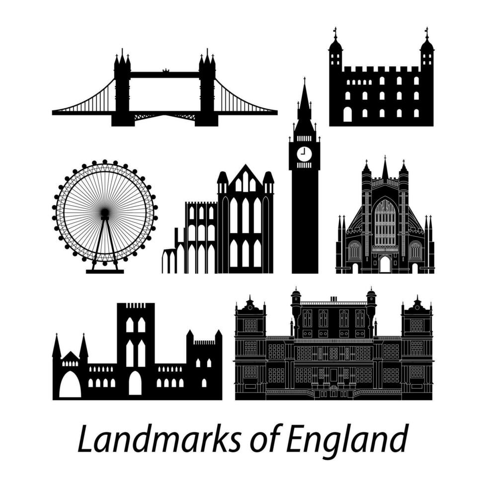 set of England famous landmarks by silhouette style vector