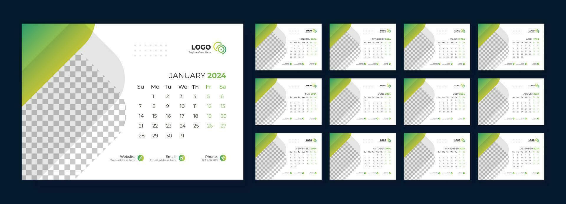 Desk Calendar 2024 template design, Week starts on Sunday, Office Calendar 2024 vector