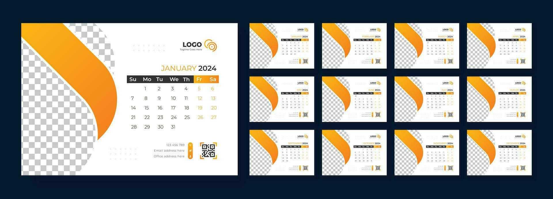 Desk Calendar 2024 template design, Week starts on Sunday, Office