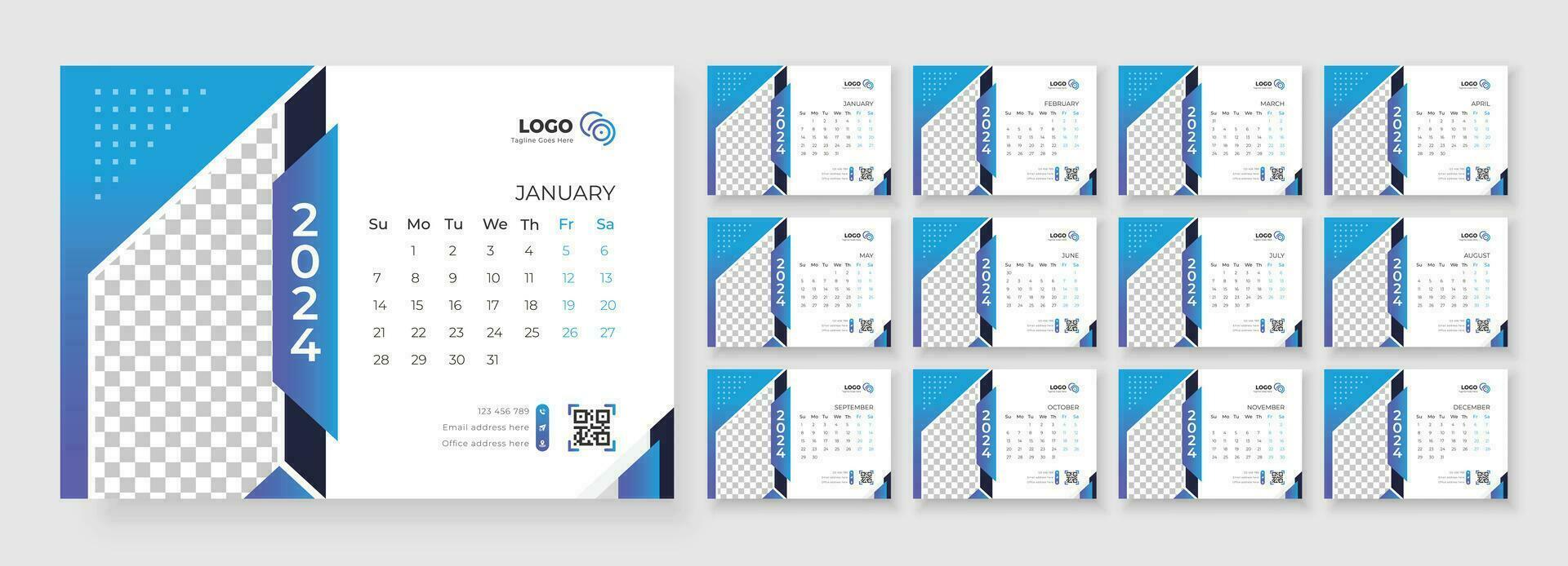 Desk Calendar Template 2024. Calendar 2024 planner corporate template design set. template for annual calendar 2024. Week starts on Sunday. vector