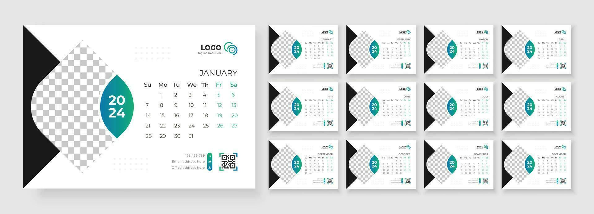 Desk Calendar 2024 template design, Office Calendar 2024, Week starts on Sunday vector