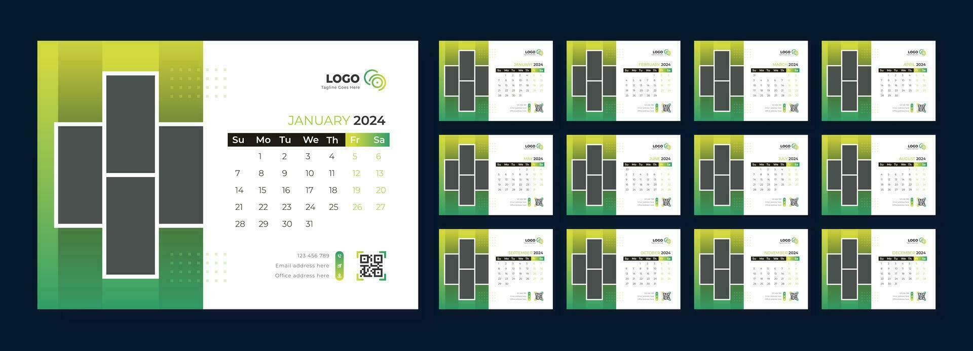 Desk Calendar 2024 template design, Office Calendar 2024, Week starts