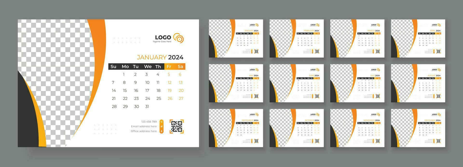 Desk Calendar Template 2024, Calendar 2024 planner corporate template design set, template for annual calendar 2024 vector