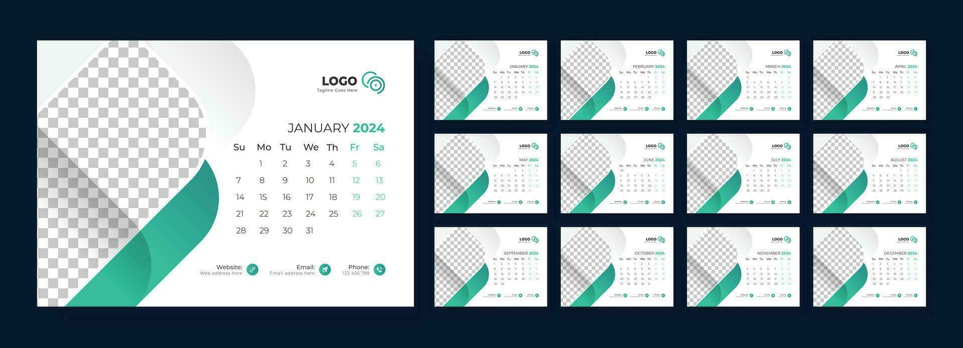 Desk Calendar 2024 template design, Office Calendar 2024, Week starts on Sunday vector