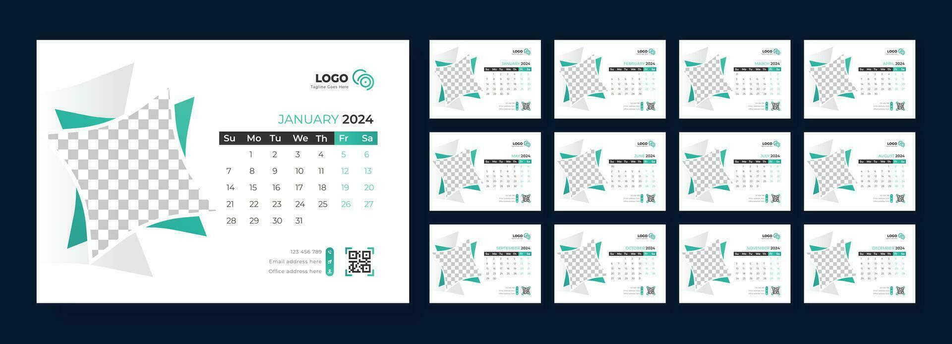 Desk Calendar 2024 template design, Week starts on Sunday, Office Calendar 2024 vector
