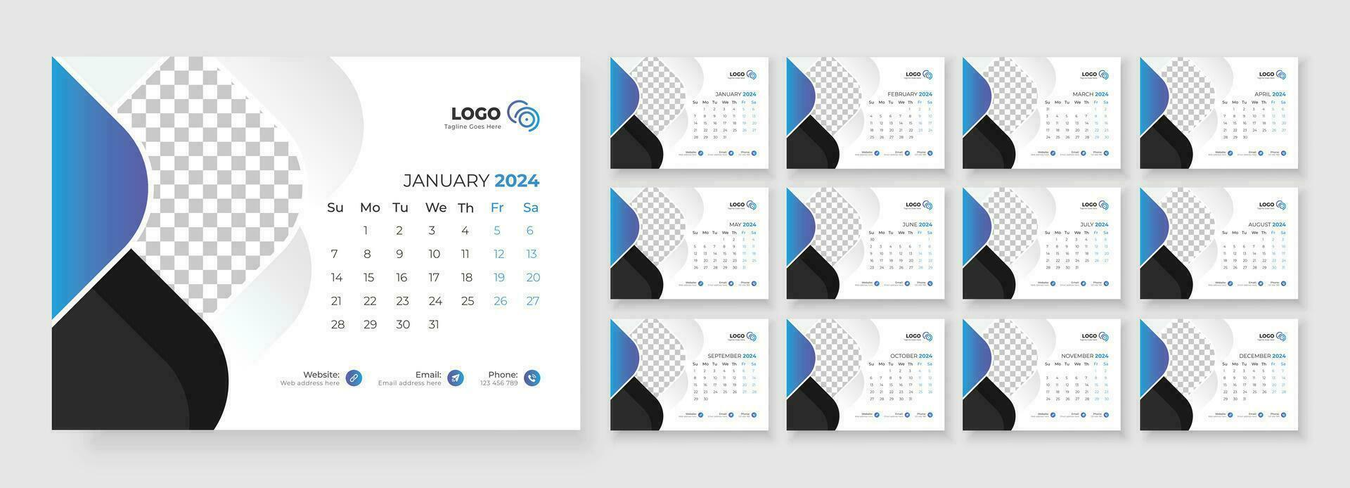 escritorio calendario modelo 2024. calendario 2024 planificador corporativo modelo diseño colocar. modelo para anual calendario 2024. semana empieza en domingo. vector