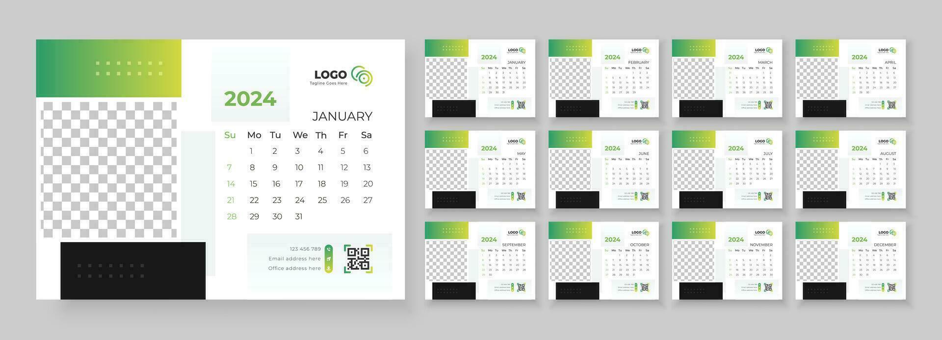 Desk Calendar Template 2024 Or Monthly Weekly Schedule New Year Calendar 2024 Design Template. Week starts on Sunday. vector