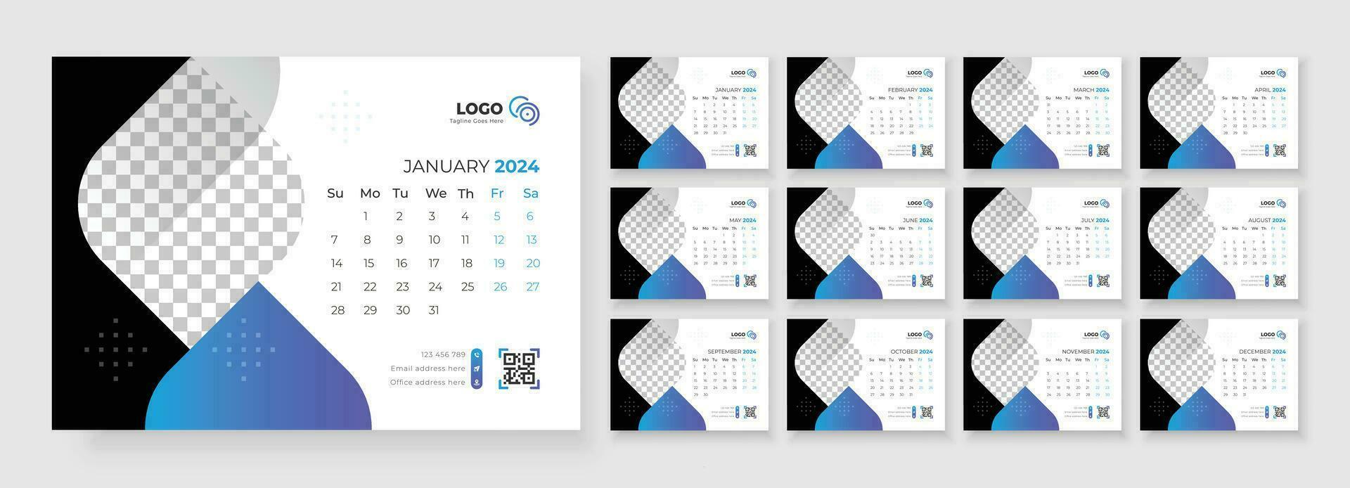 Desk Calendar Template 2024, Calendar 2024 planner corporate template design set, template for annual calendar 2024 vector