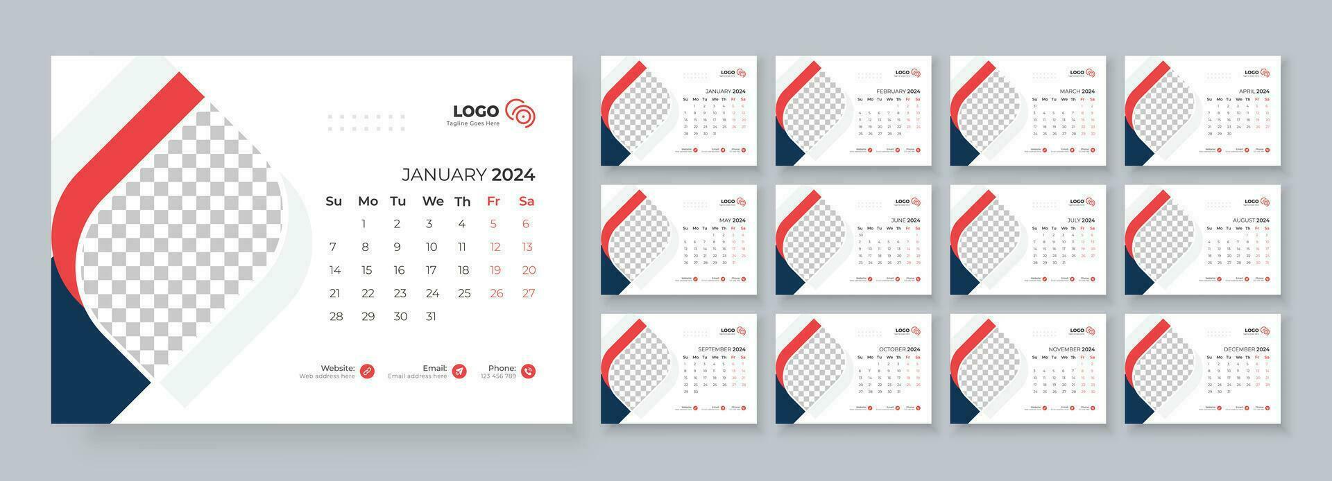 escritorio calendario modelo 2024, modelo para anual calendario 2024, escritorio calendario calendario en un minimalista estilo vector
