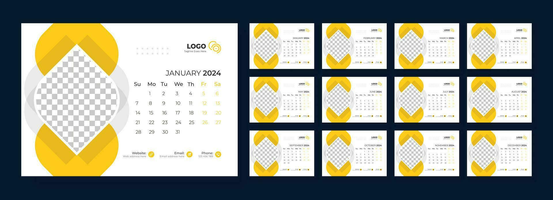 Desk Calendar Template 2024, Calendar 2024 planner corporate template design set, template for annual calendar 2024 vector