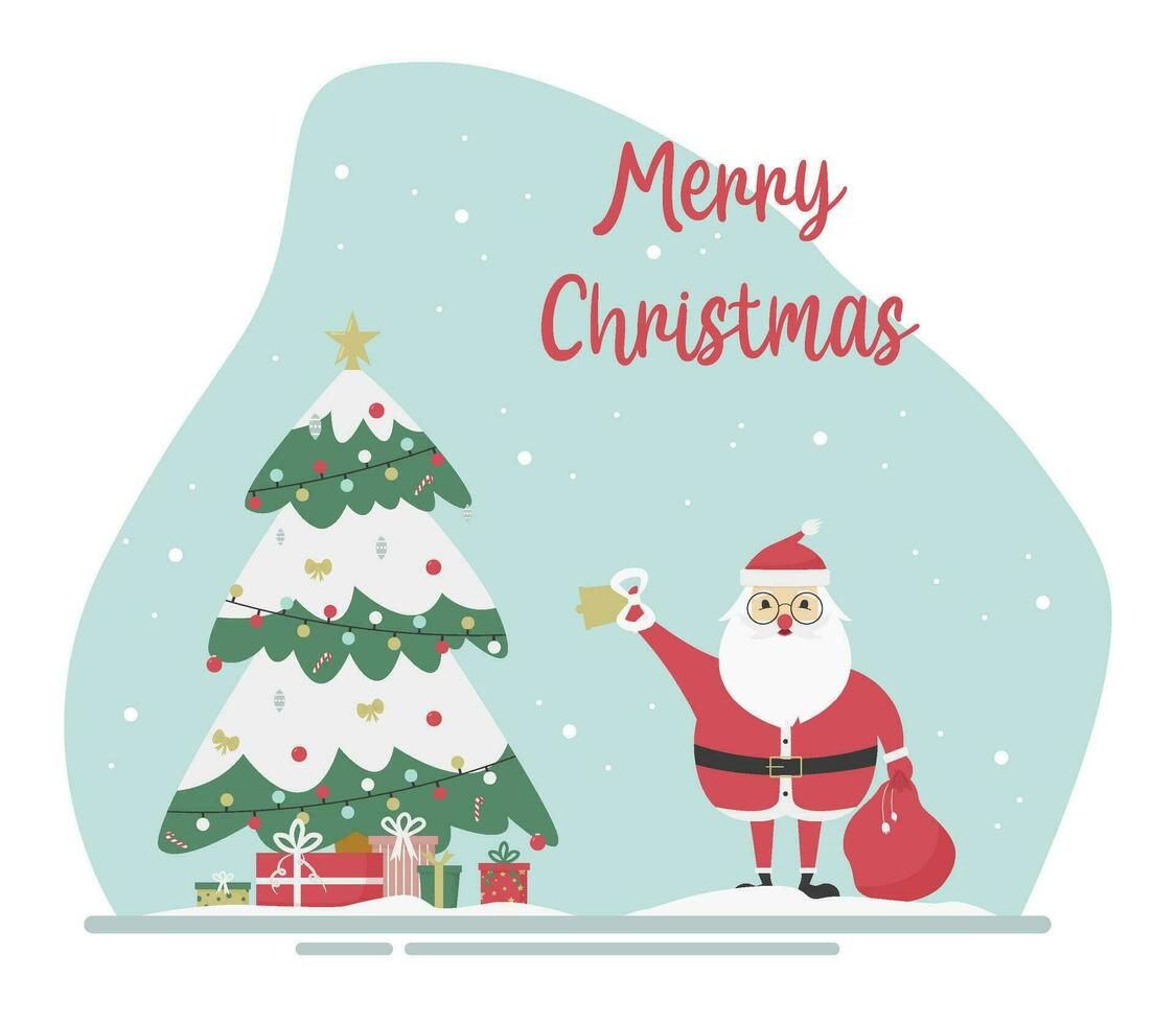 Christmas card with Santa Claus, Christmas tree, decorations and text. Victor illustration in flat style. vector