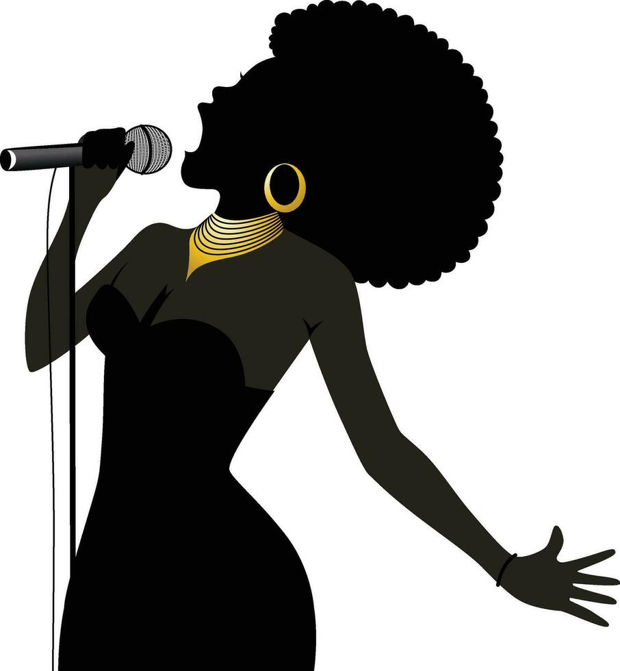 Black Female Singer Vector Illustration, Black American lady with an afro singing out loud, holding a microphone stock vector image