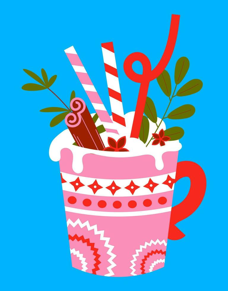 New Year's dessert in pink colors. Vector illustration of a winter drink in a flat style. New Year's cup with a drink and sweets, gingerbread, ring, lollipop.