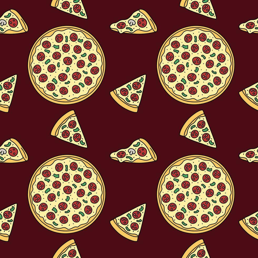 Pizza vector sin costura modelo. rápido comida antecedentes. mano dibujado contorno repetir ilustración con todo redondo Pizza y rebanadas