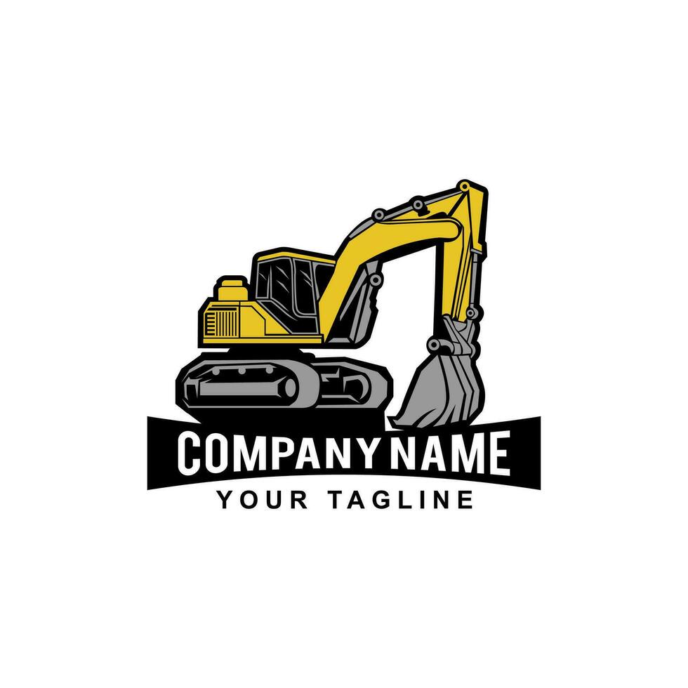 diseño del logotipo del trabajo de excavación, emblema de la excavadora o de la organización de alquiler de máquinas de construcción sellos impresos, equipo de construcción vector