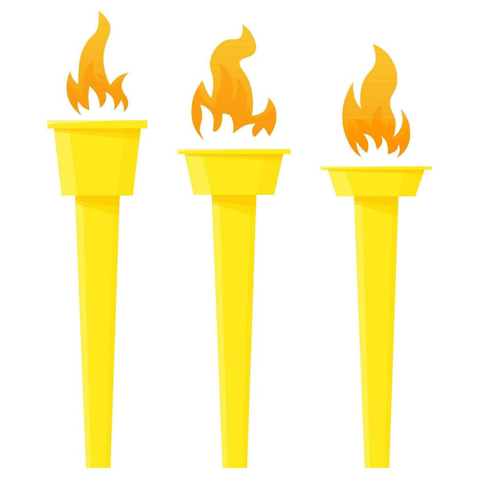 Set of golden torches with fire vector