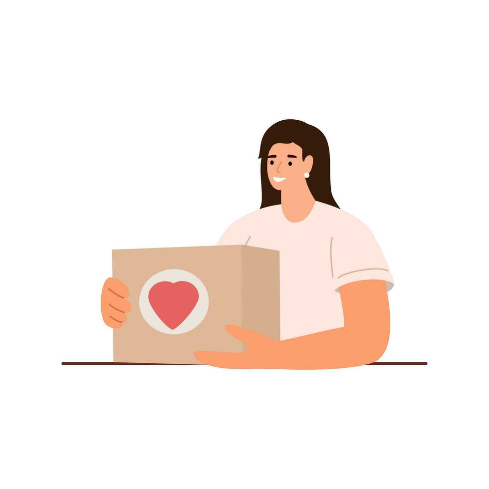 Volunteer girl holding food box. Concept of help, social care, volunteering, support for poor people. Cartoon flat vector illustration.