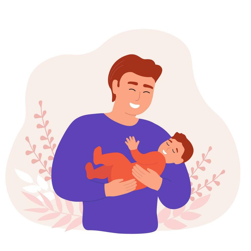 The father holds a small child in his arms. Dad and son together. Happy family. Vector graphics.