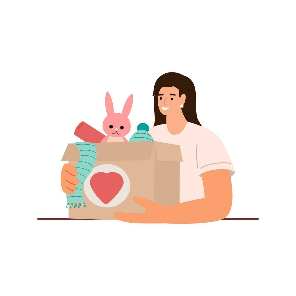 Volunteer girl holding food box. Concept of help, social care, volunteering, support for poor people. Cartoon flat vector illustration.