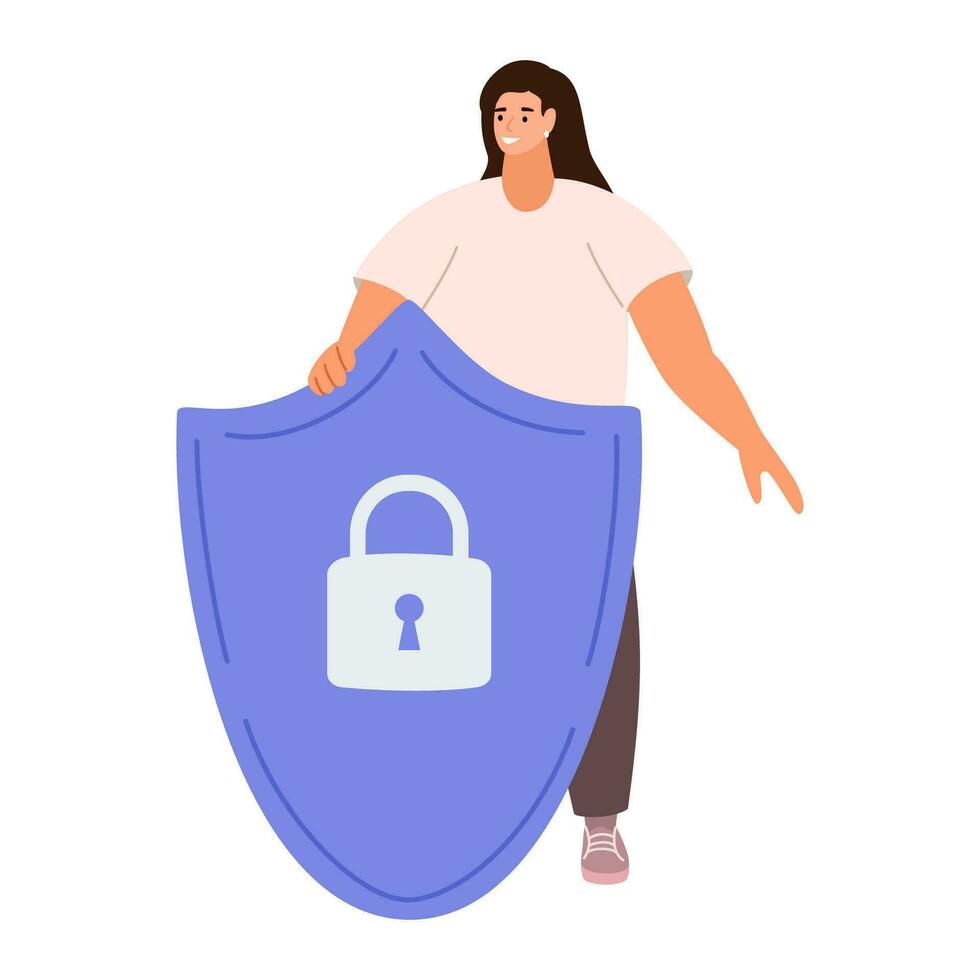 Cyber safety cyber security and privacy concept. Woman holding online protection shield as symbol of defense and secure. Person defending and protecting data. Vector illustration.