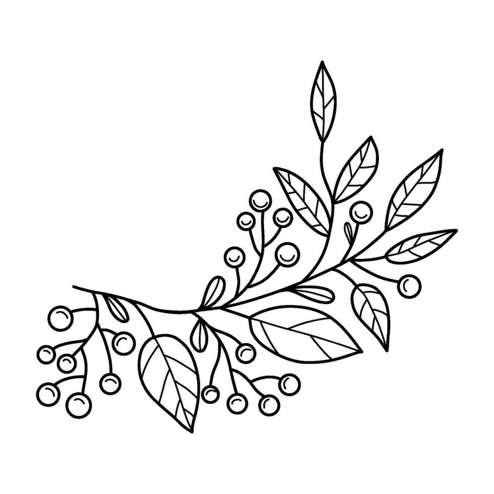 Outline Branch with Christmas berries and leaves. Linear hand drawing. Vector illustration. Xmas design, decorating.