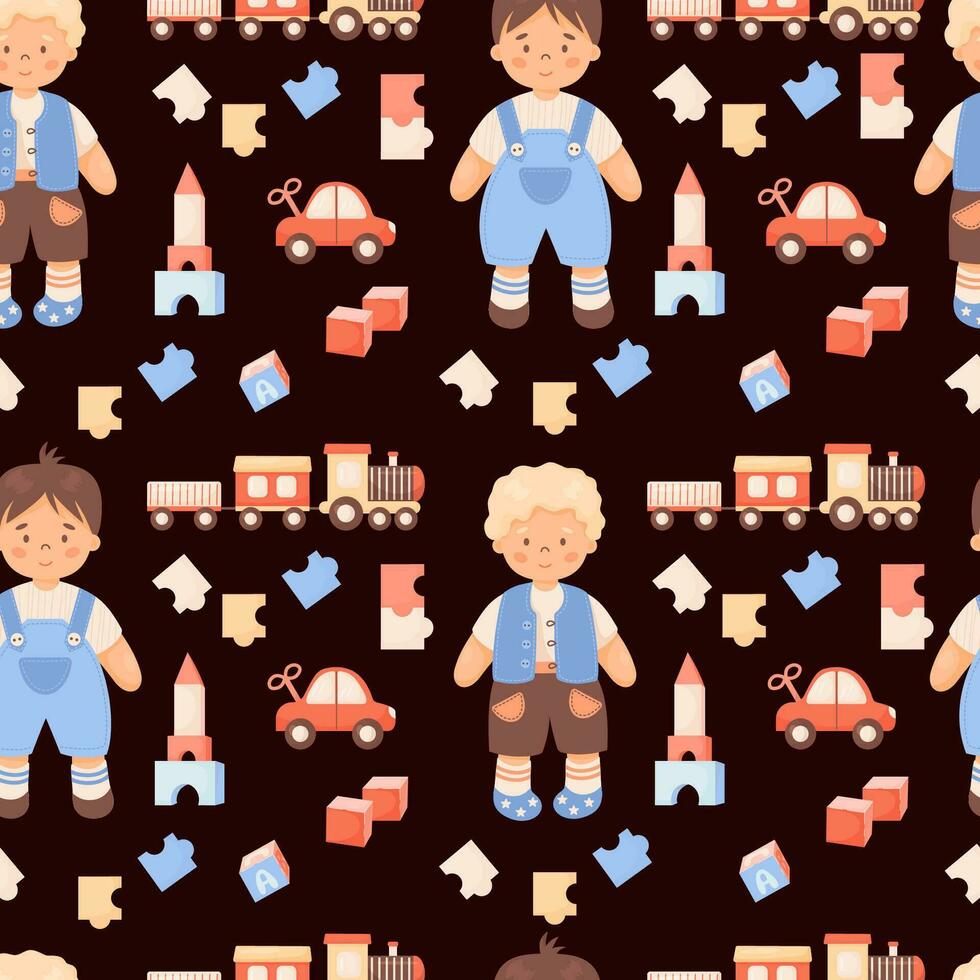 Cute kids seamless pattern. Children toys. Funny boys in shorts, train, clockwork car, puzzles and cubes on black background. Vector illustration in cartoon style.